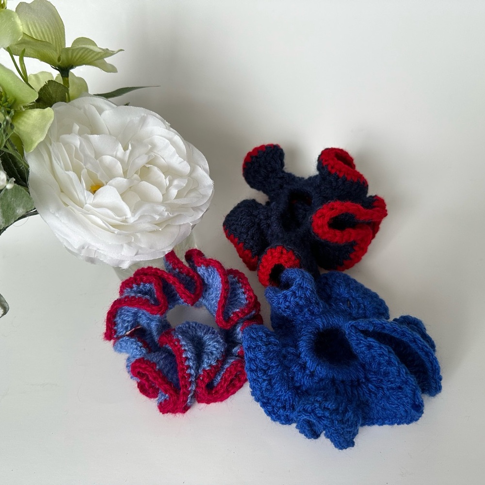 Crochet Scrunchies Handmade. Blue, navy blue and red combination colors.